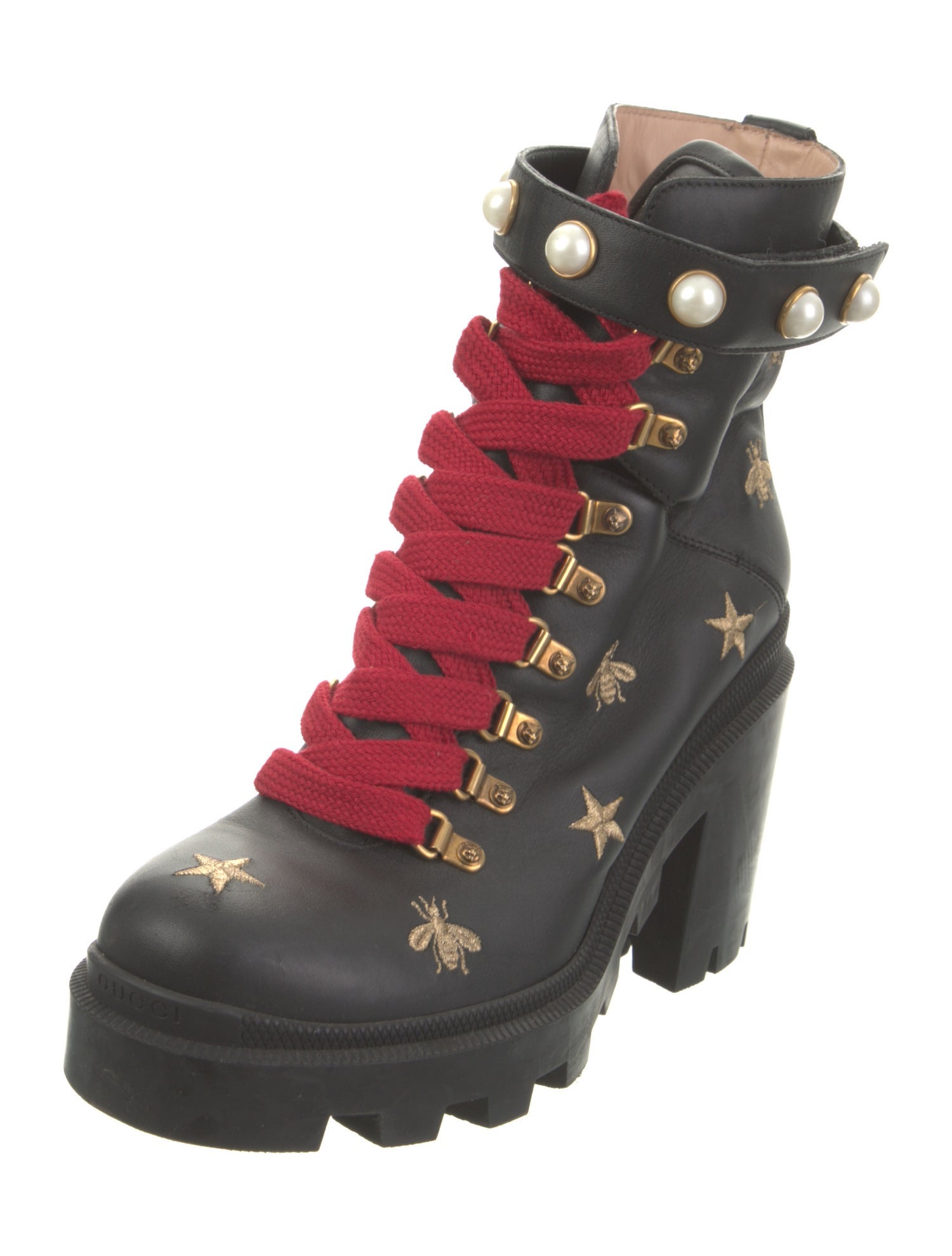 Gucci Faux Pearl Accents Leather Combat Boots