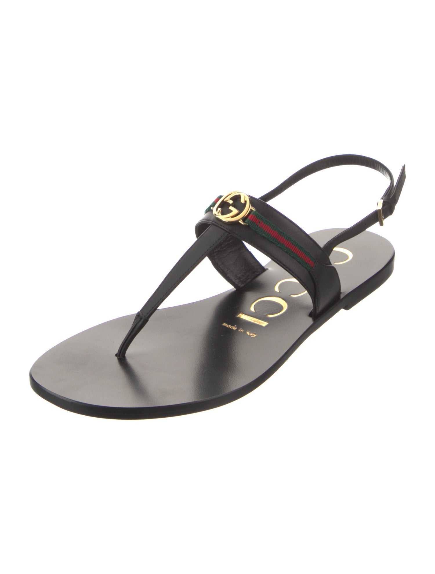 Gucci Double G Logo Leather T-Strap Sandals