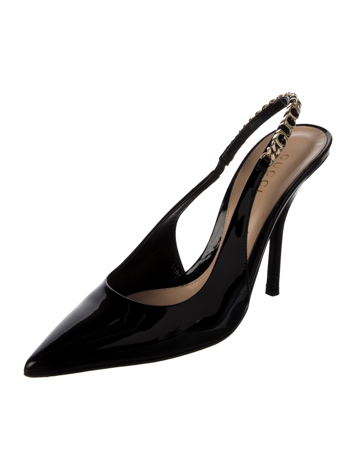 Gucci Patent Leather Chain-Link Accents Slingback Pumps