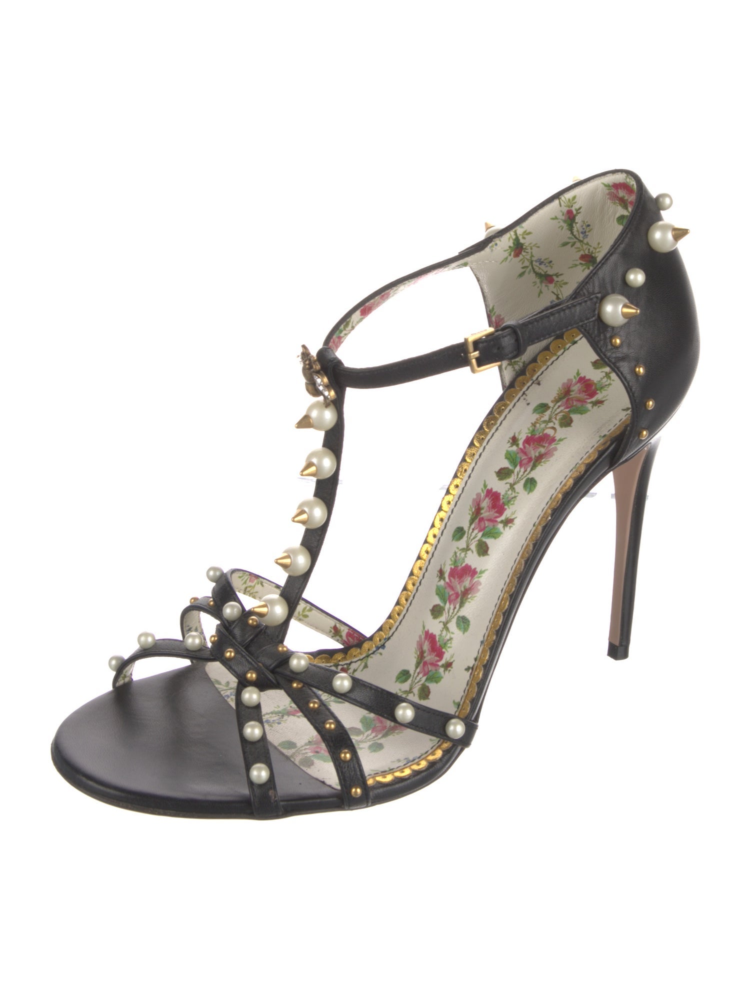 Gucci Faux Pearl Accents Leather T-Strap Sandals