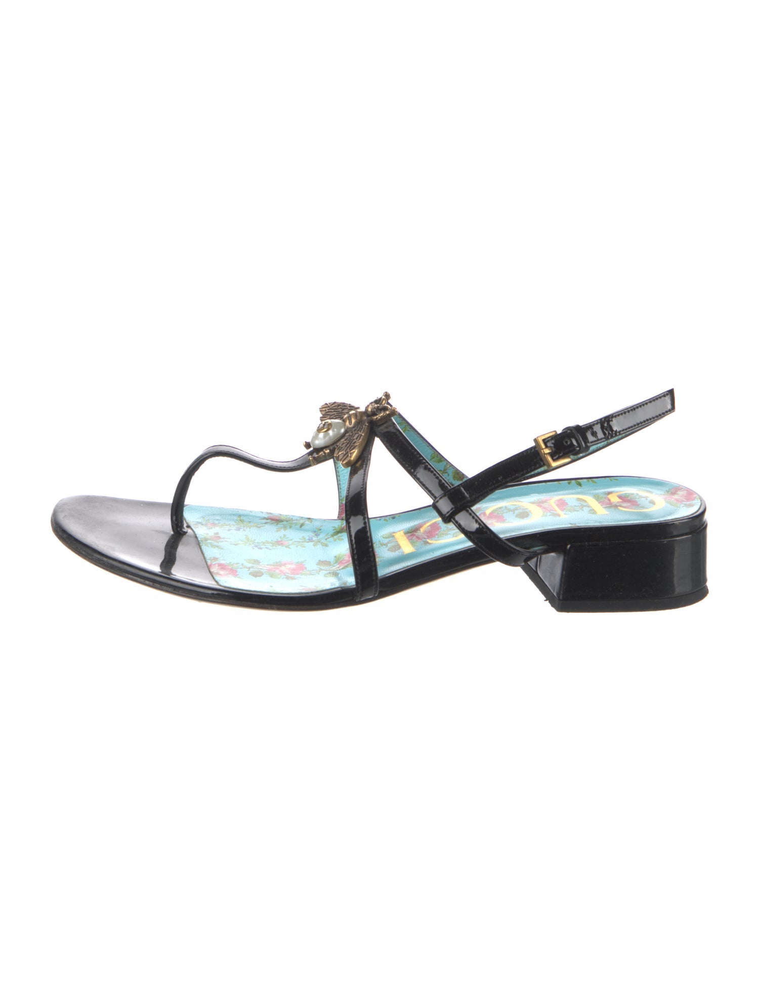 Gucci Faux Pearl Accents Patent Leather T-Strap Sandals