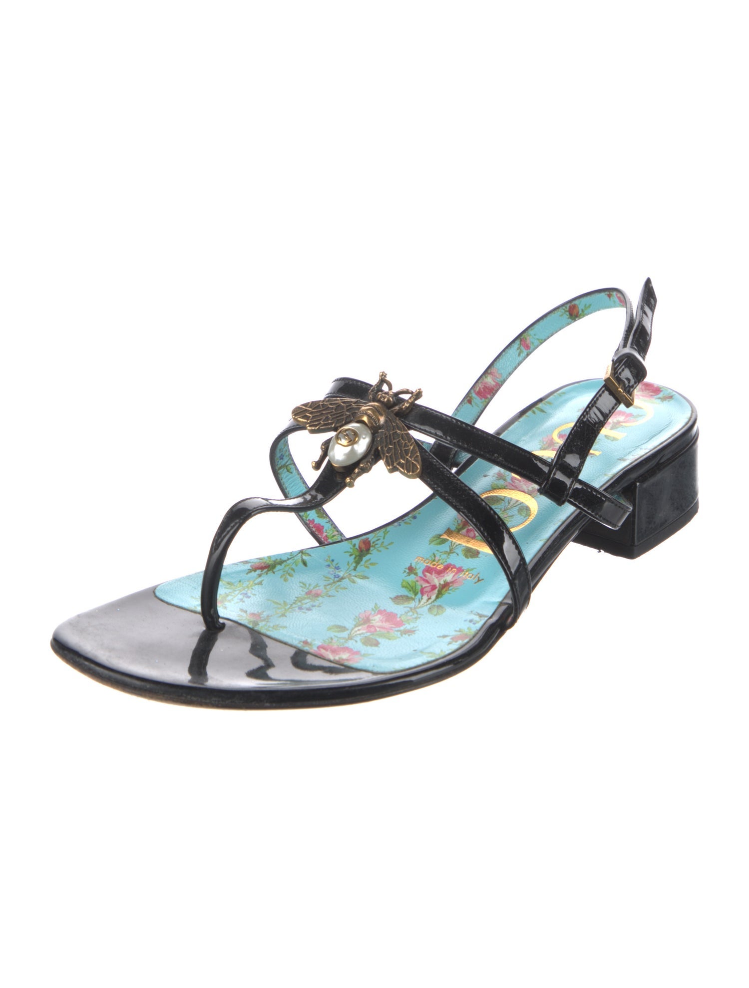 Gucci Faux Pearl Accents Patent Leather T-Strap Sandals