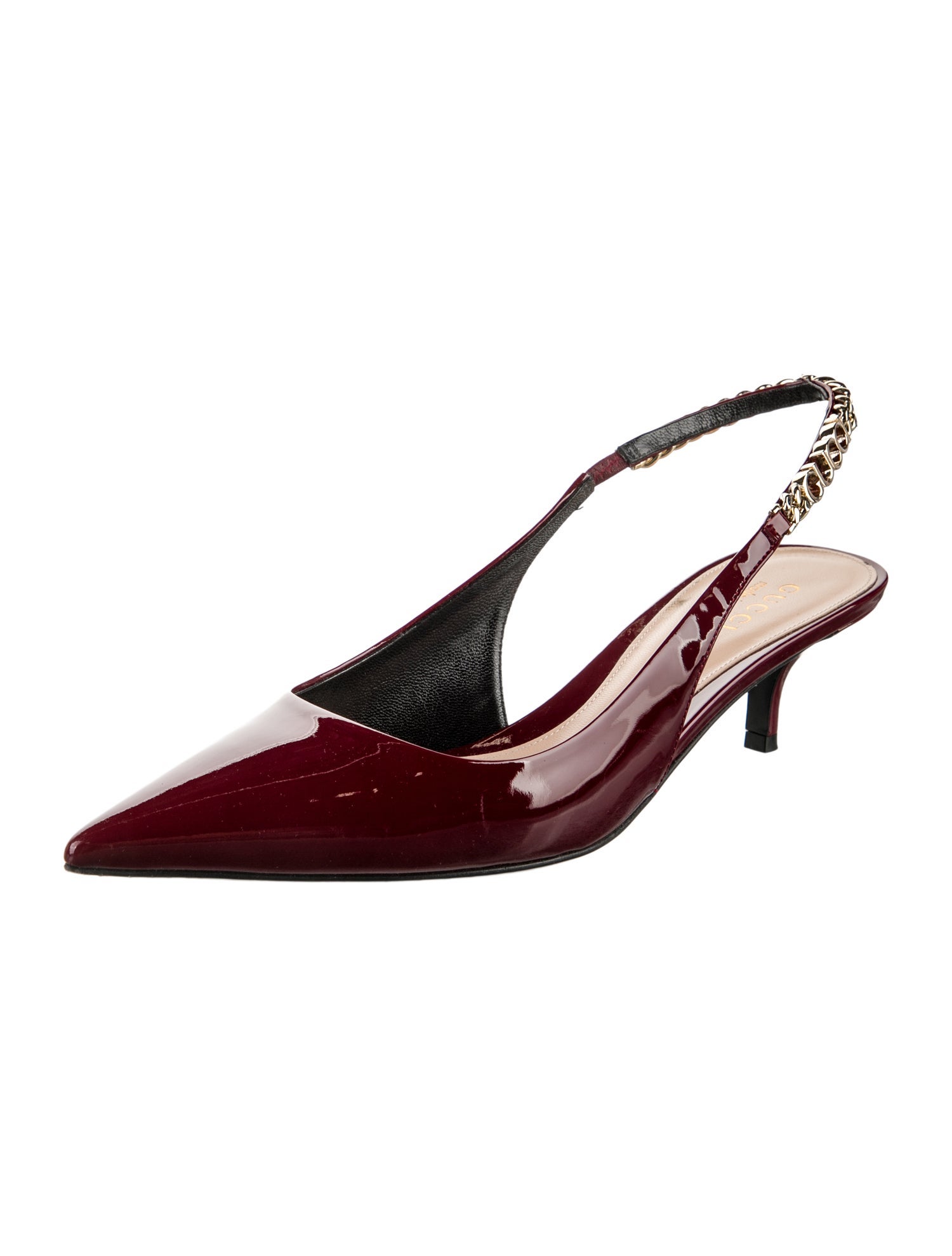 Gucci Patent Leather Chain-Link Accents Slingback Pumps