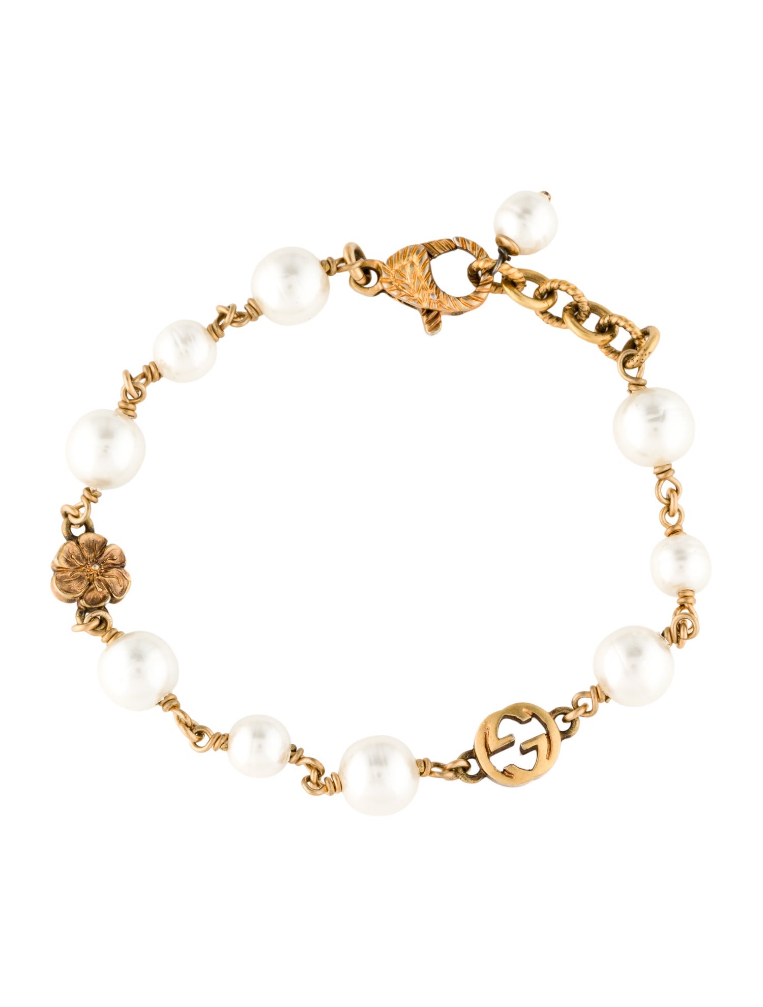 Gucci Faux Pearl Interlocking G Flower Bead Bracelet