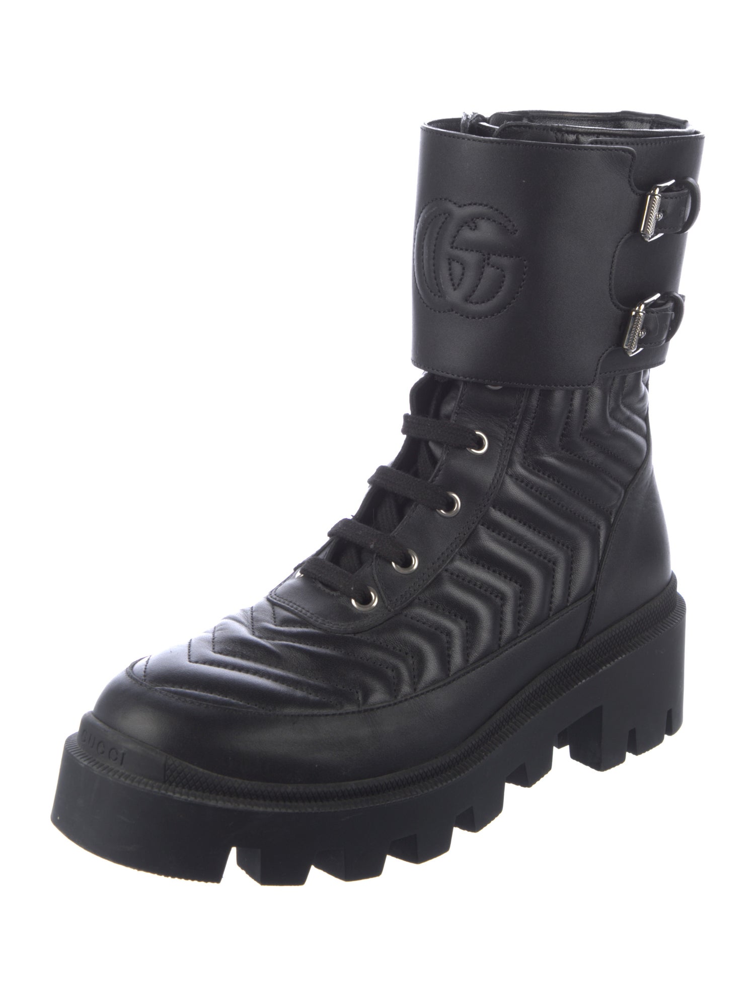 Gucci Double G Logo Leather Combat Boots