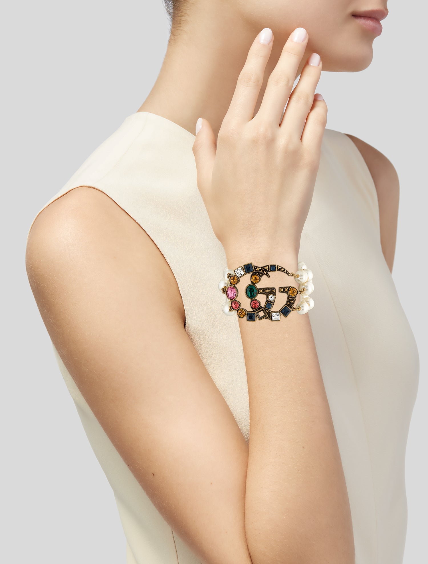 Gucci Faux Pearl & Crystal Double G Multistrand Bracelet