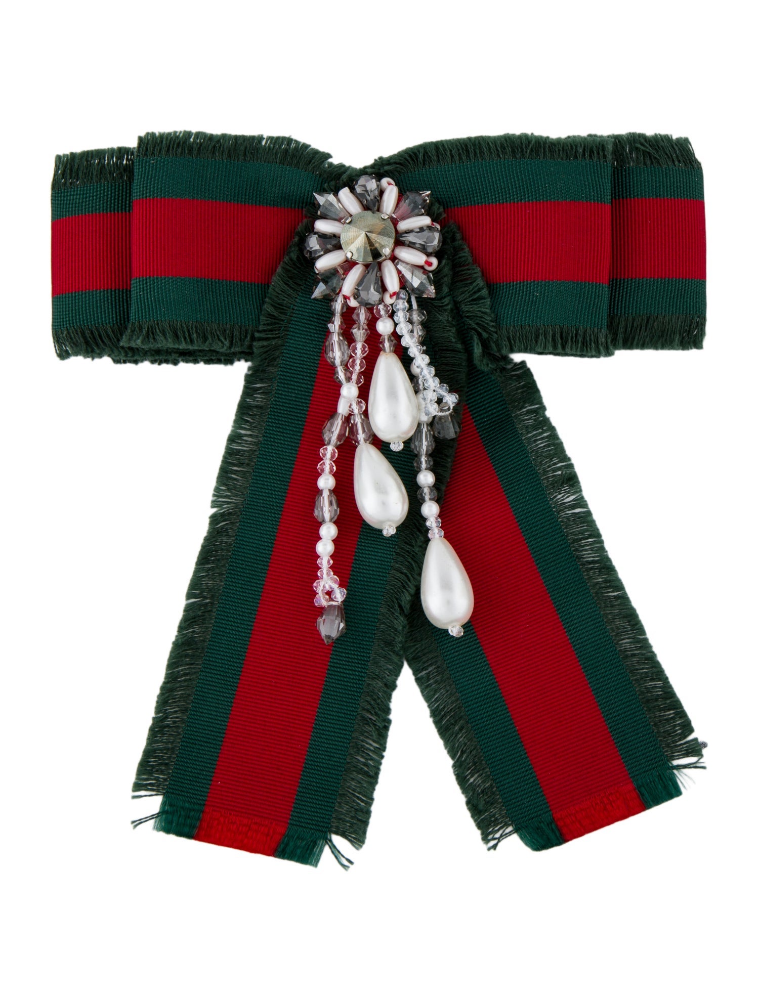 Gucci Faux Pearl, Crystal, & Grosgrain Bow Brooch Pin