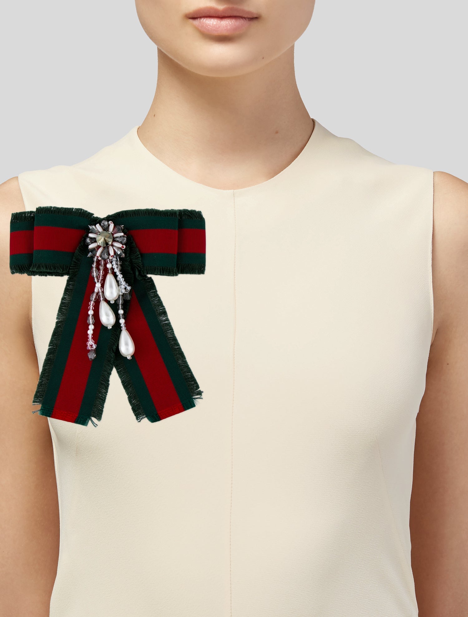 Gucci Faux Pearl, Crystal, & Grosgrain Bow Brooch Pin