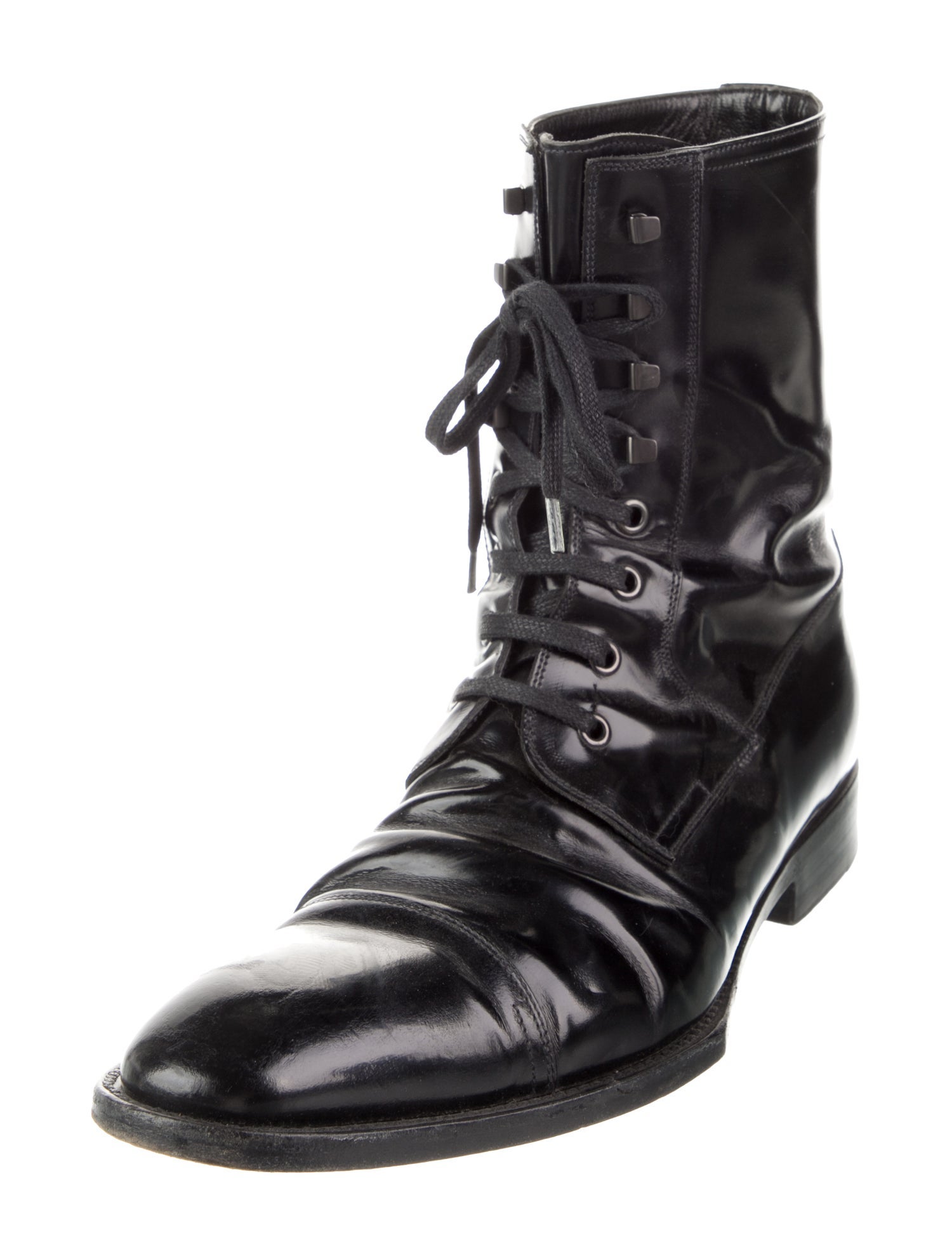 Gucci Patent Leather Whipstitch Trim Combat Boots