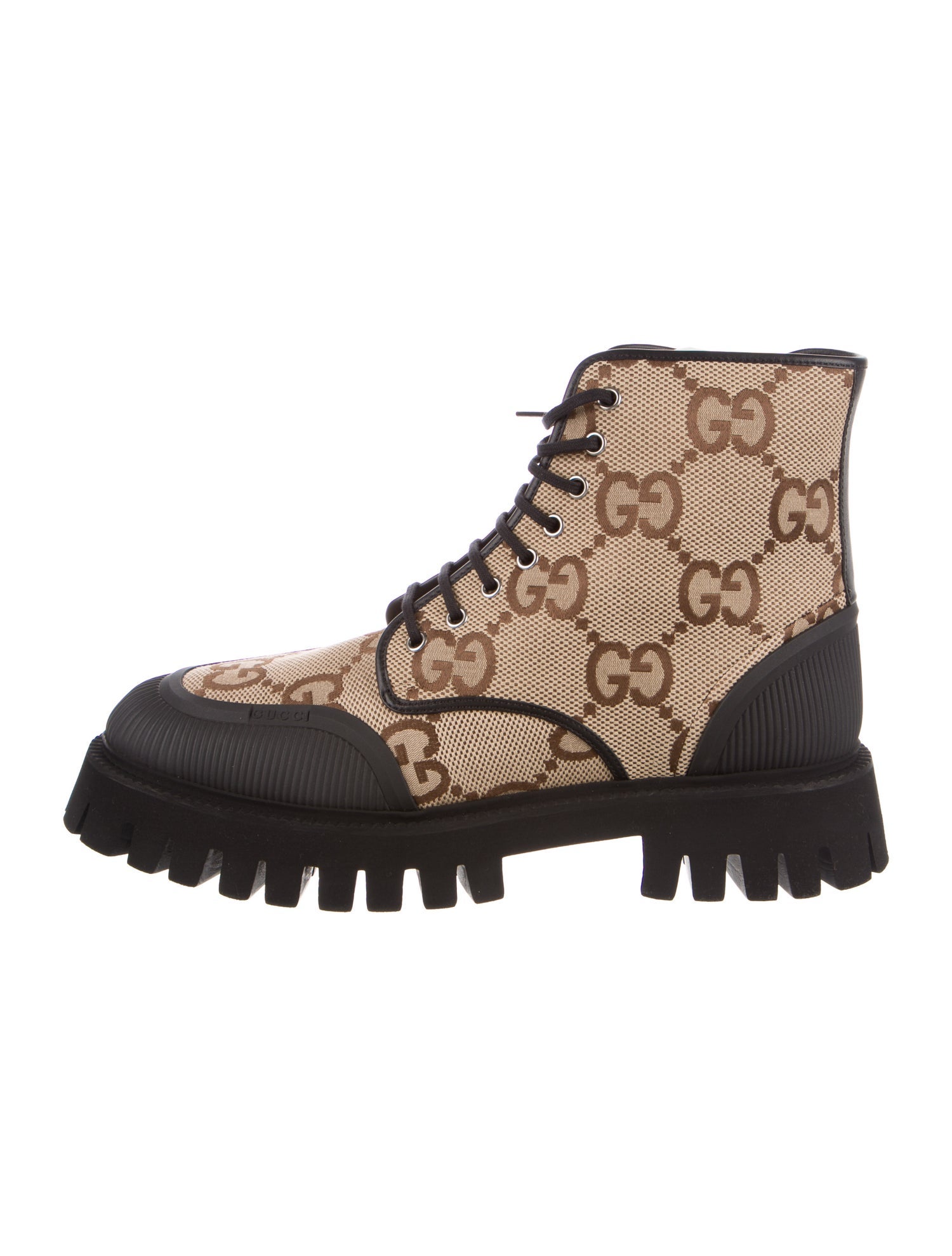 Gucci GG Canvas Leather Trim Embellishment Lace-Up Boots w/ Tags