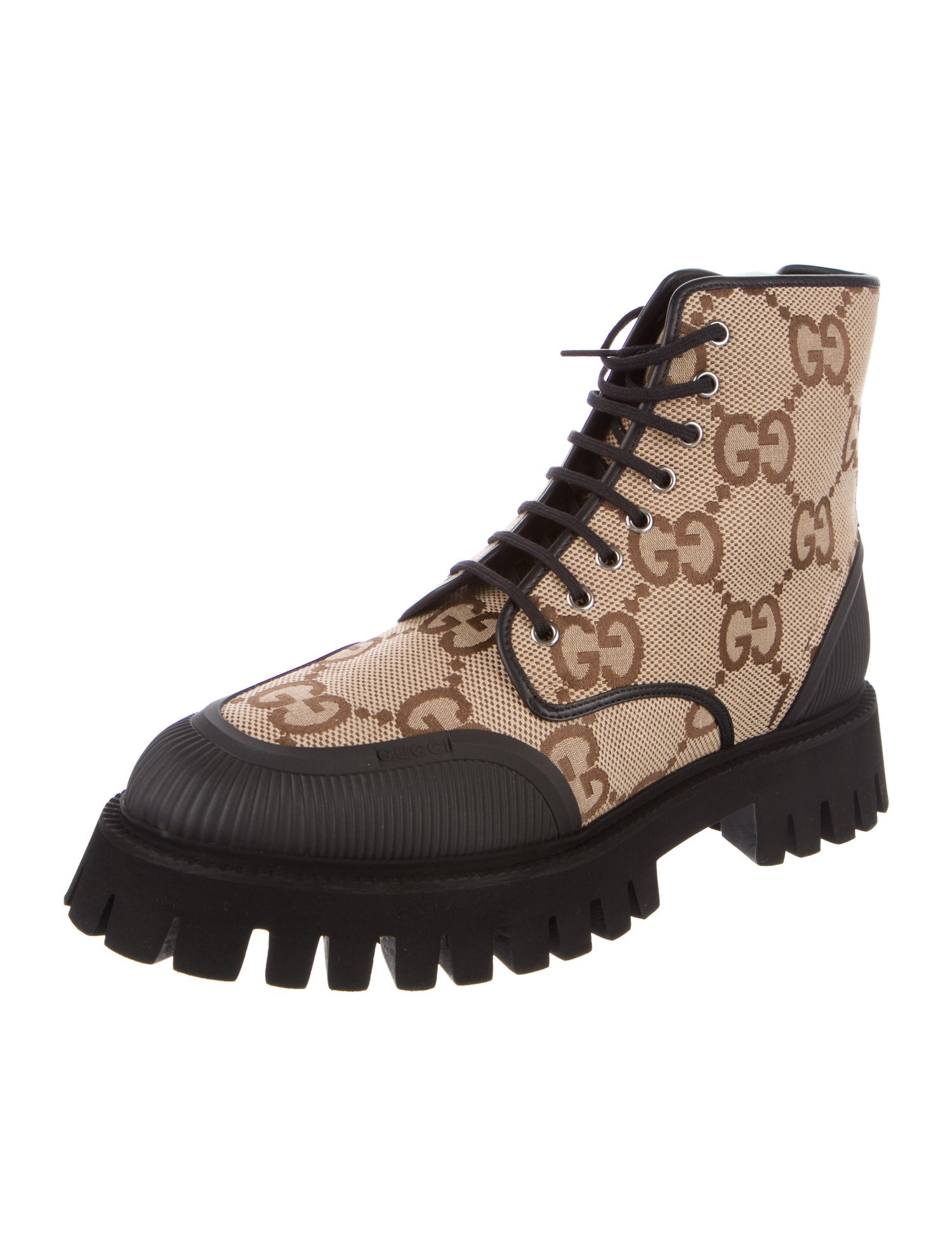 Gucci GG Canvas Leather Trim Embellishment Lace-Up Boots w/ Tags