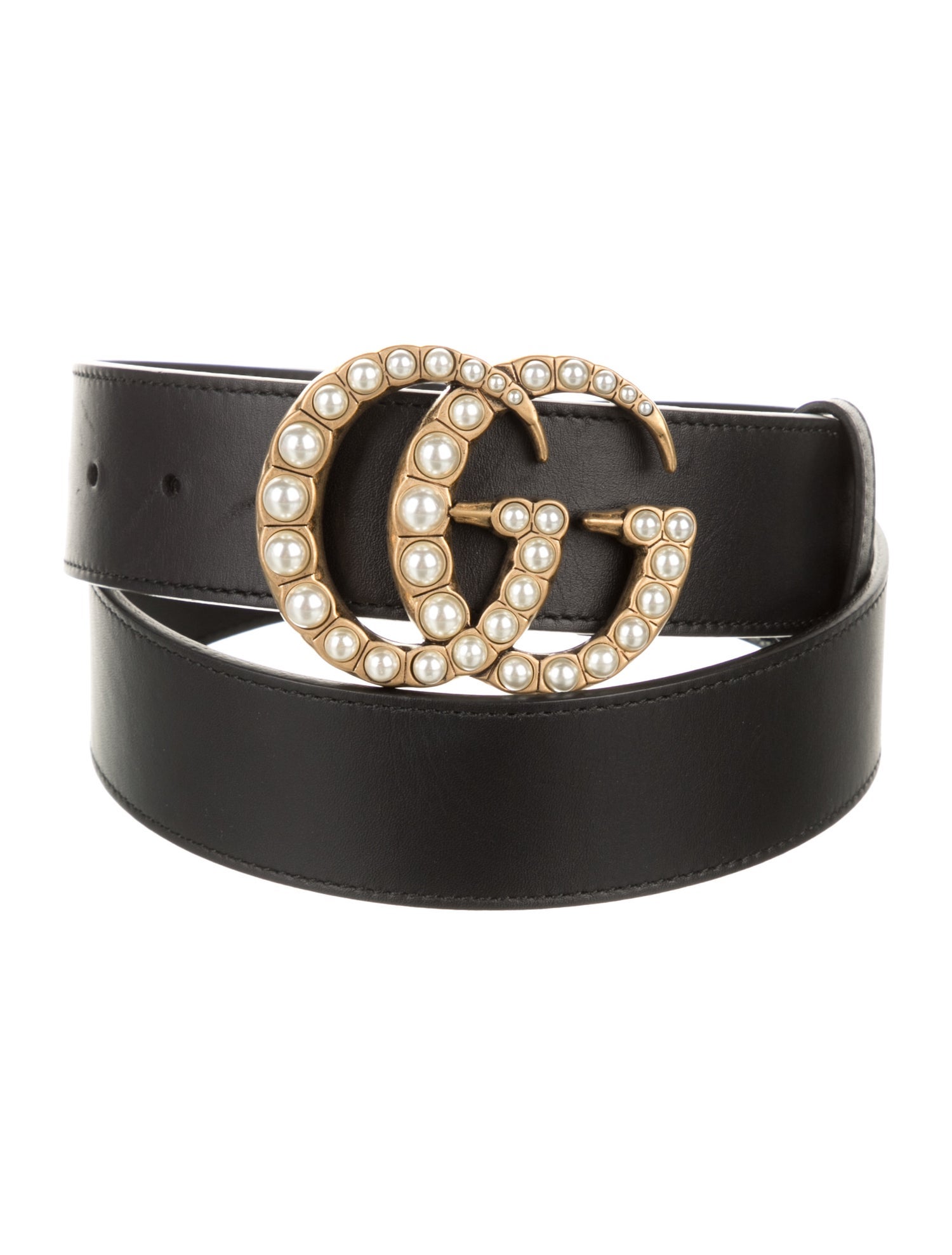 Gucci Faux Pearl Accents Leather Belt