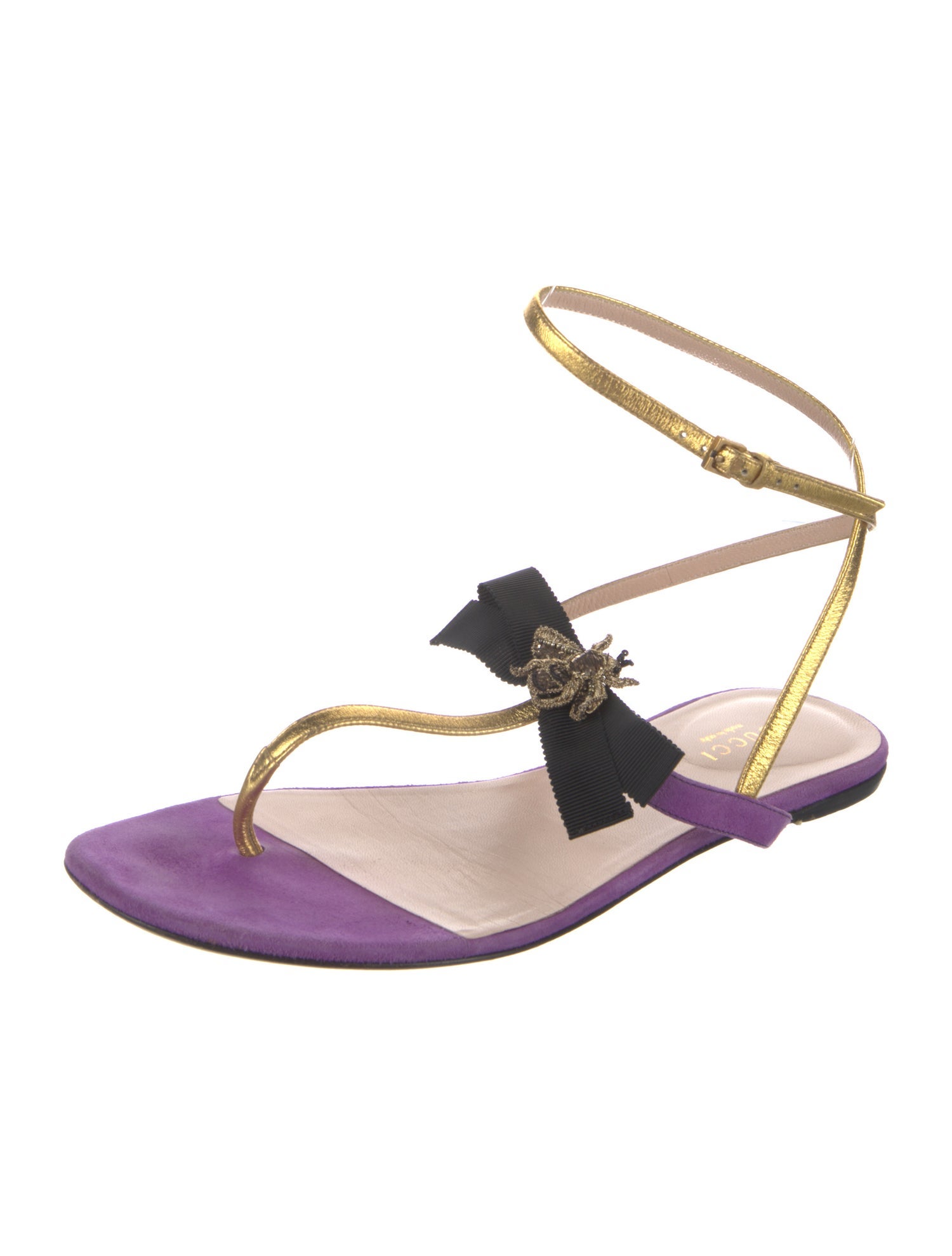 Gucci Bee Accent Suede T-Strap Sandals