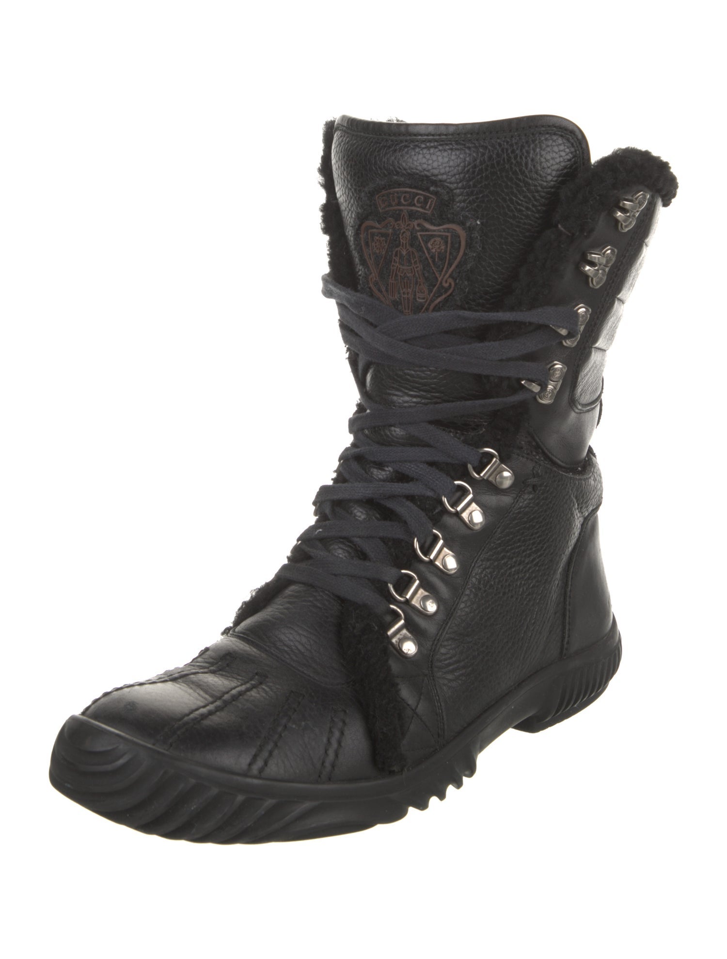 Gucci Leather Fur Trim Lace-Up Boots