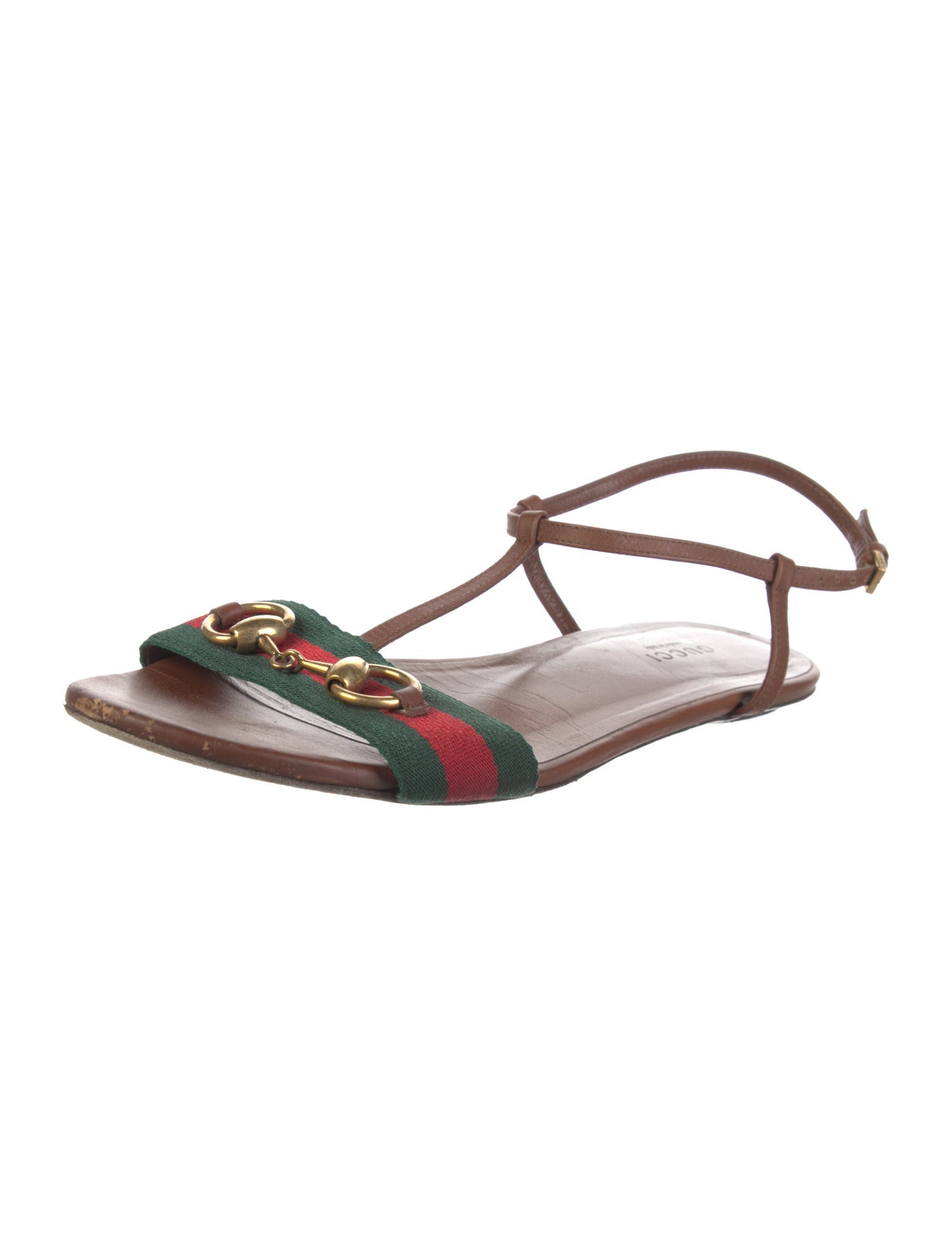 Gucci Web Accent Leather T-Strap Sandals
