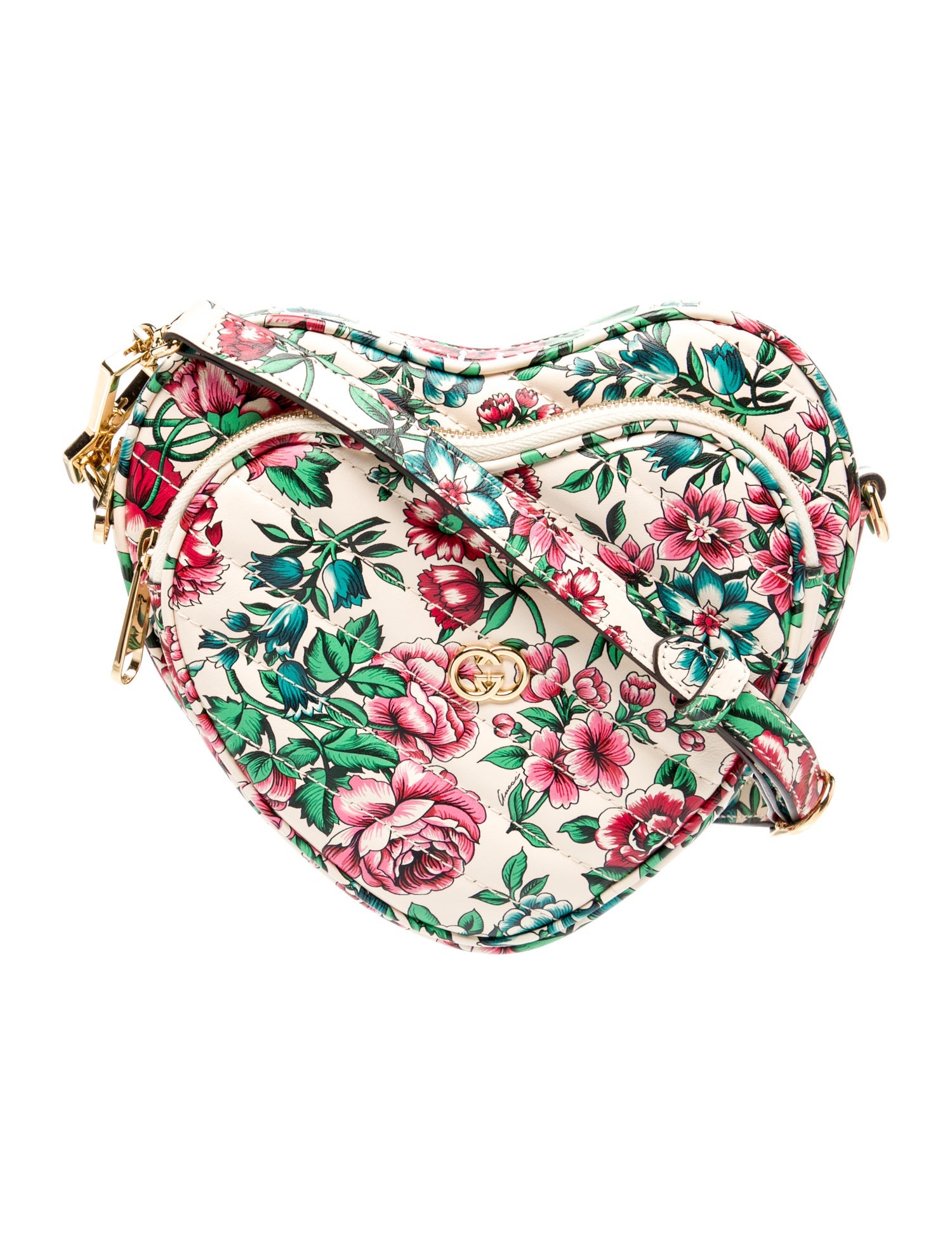 Gucci Flora "Brit Roses" Print Quilted Leather Mini Heart Crossbody Bag