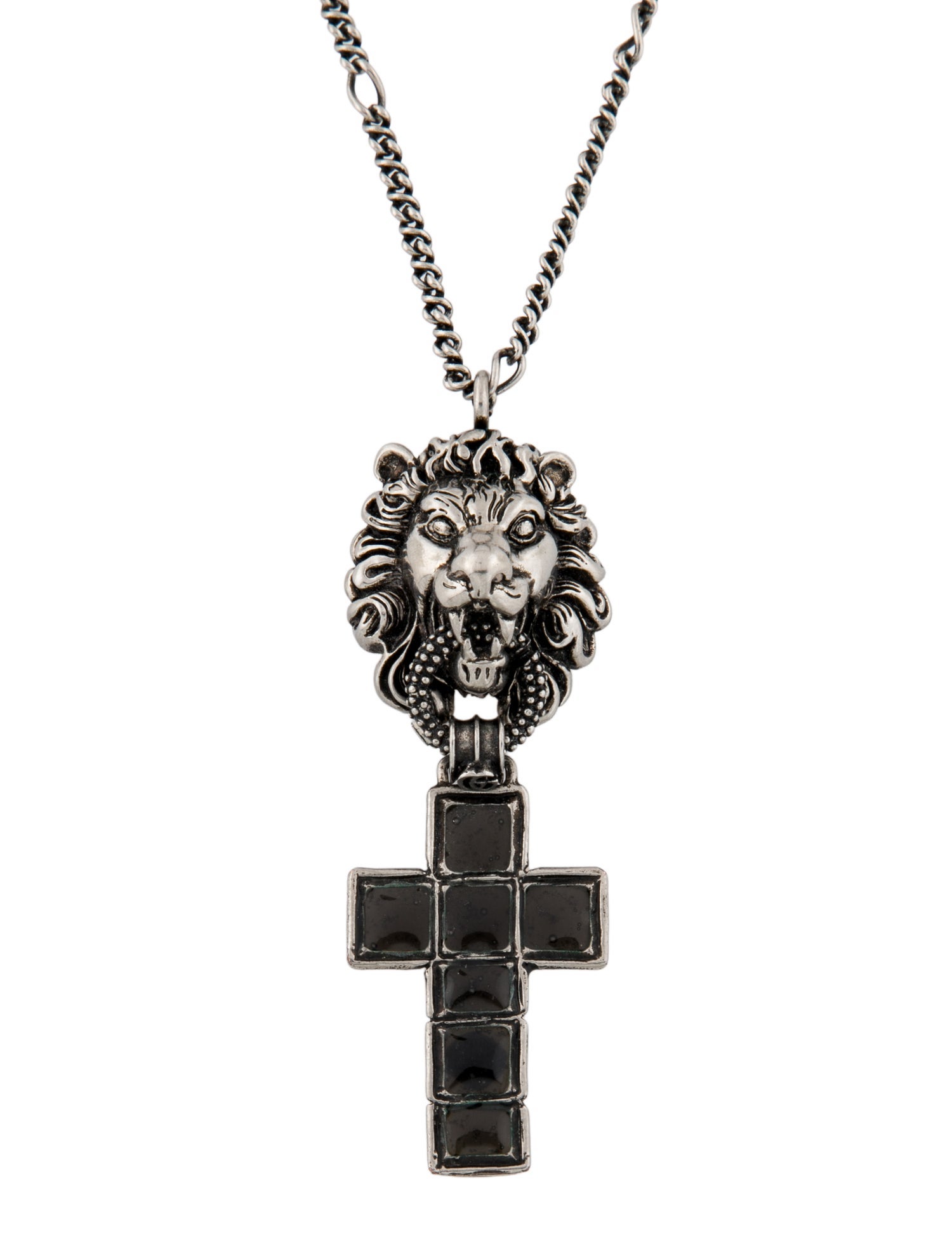 Gucci Enameled Crucifix Lion Head Pendant Necklace
