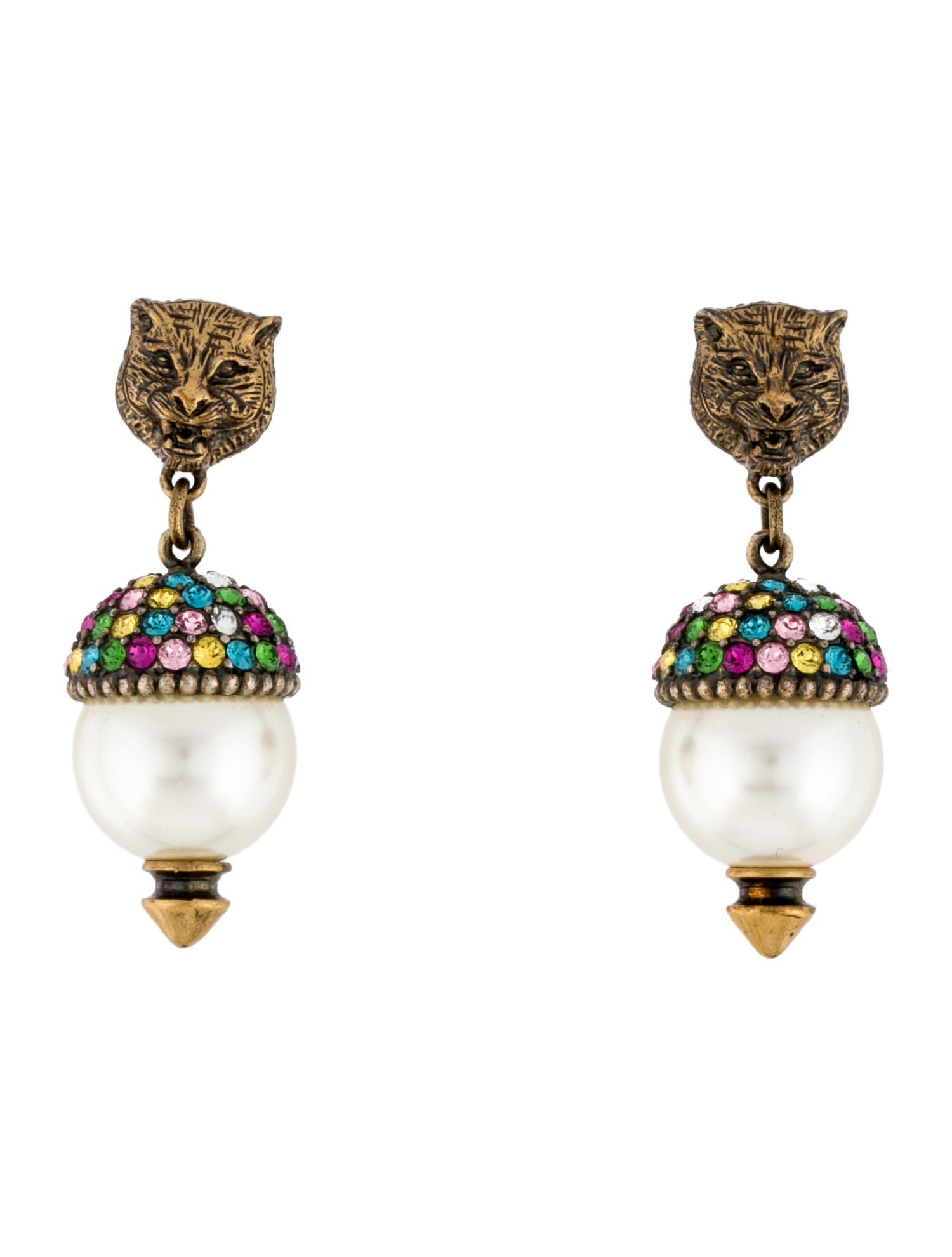Gucci Faux Pearl & Crystal Feline Head Drop Earrings