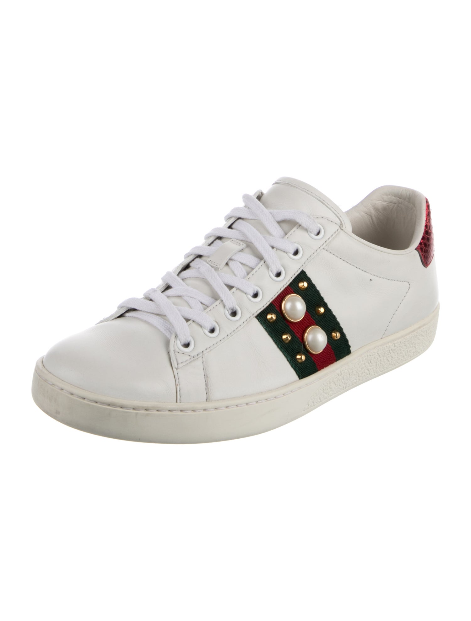 Gucci Faux Pearl Accents Leather Sneakers