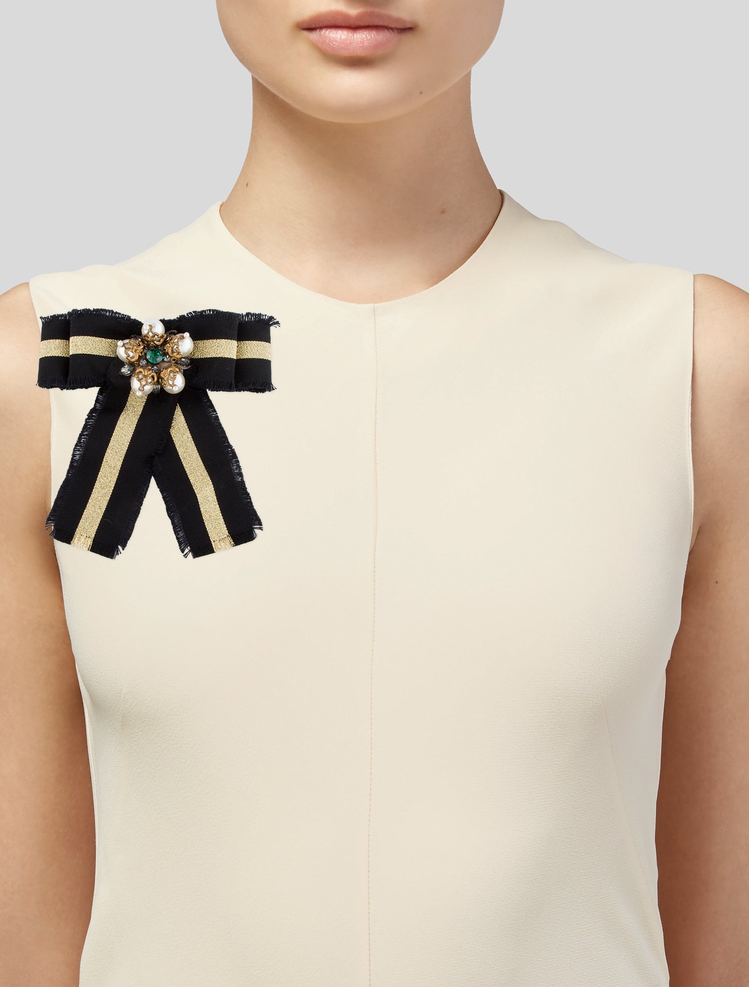 Gucci Crystal & Faux Pearl Web Grosgrain Bow Brooch