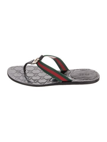 Pre-owned Gucci Web Accent Leather Flip Flops In Black
