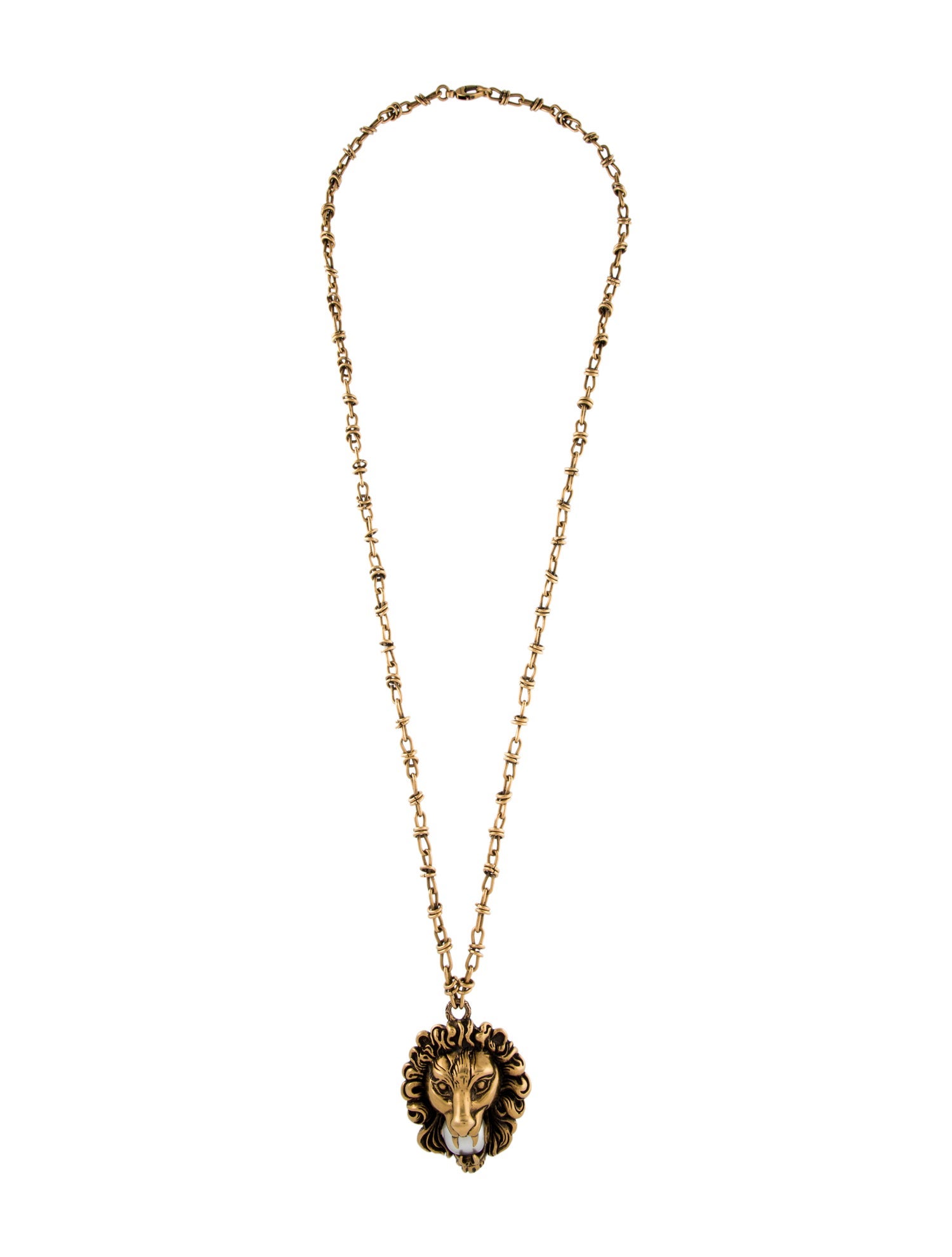 Gucci Faux Pearl Lion Head Pendant Necklace