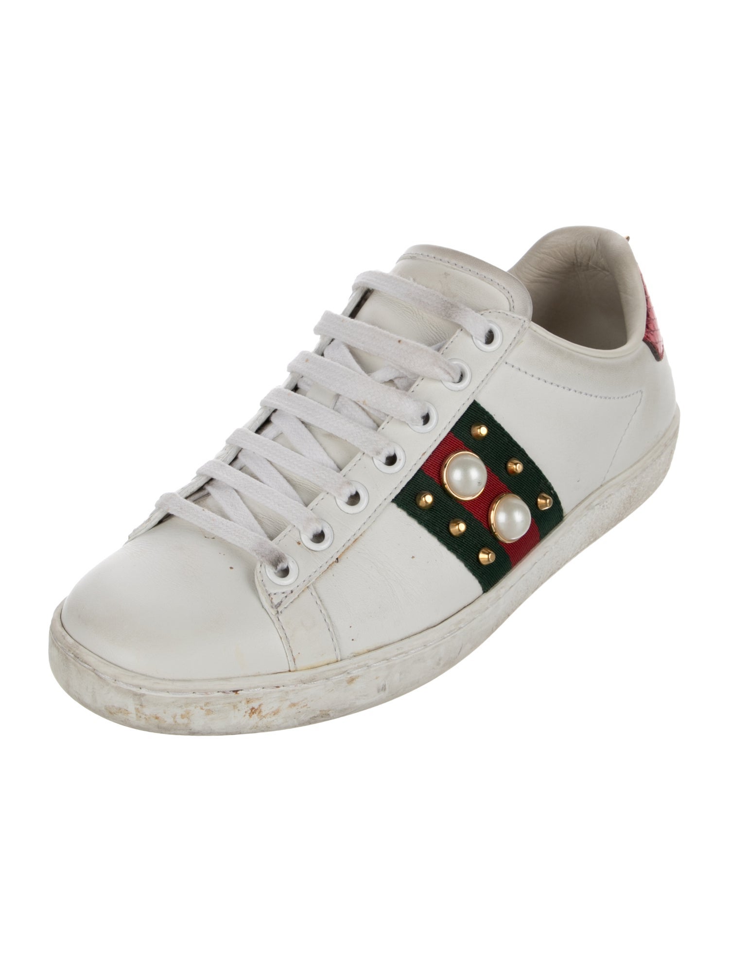 Gucci Faux Pearl Accents Leather Sneakers