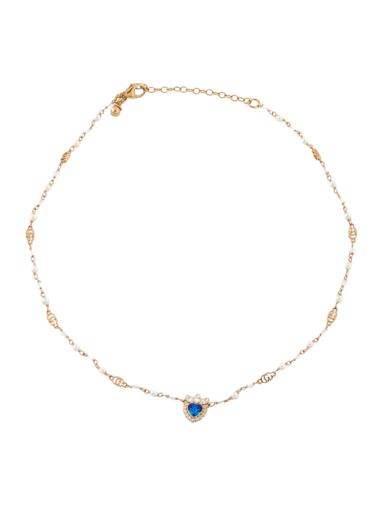 Gucci Faux Pearl & Crystal Heart Necklace