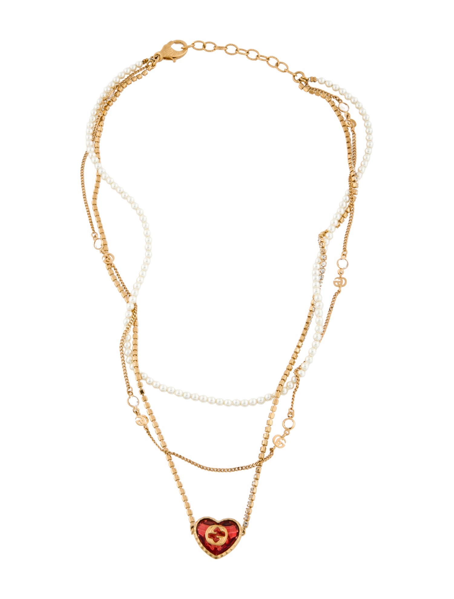 Gucci Faux Pearl & Crystal Heart Multistrand Necklace