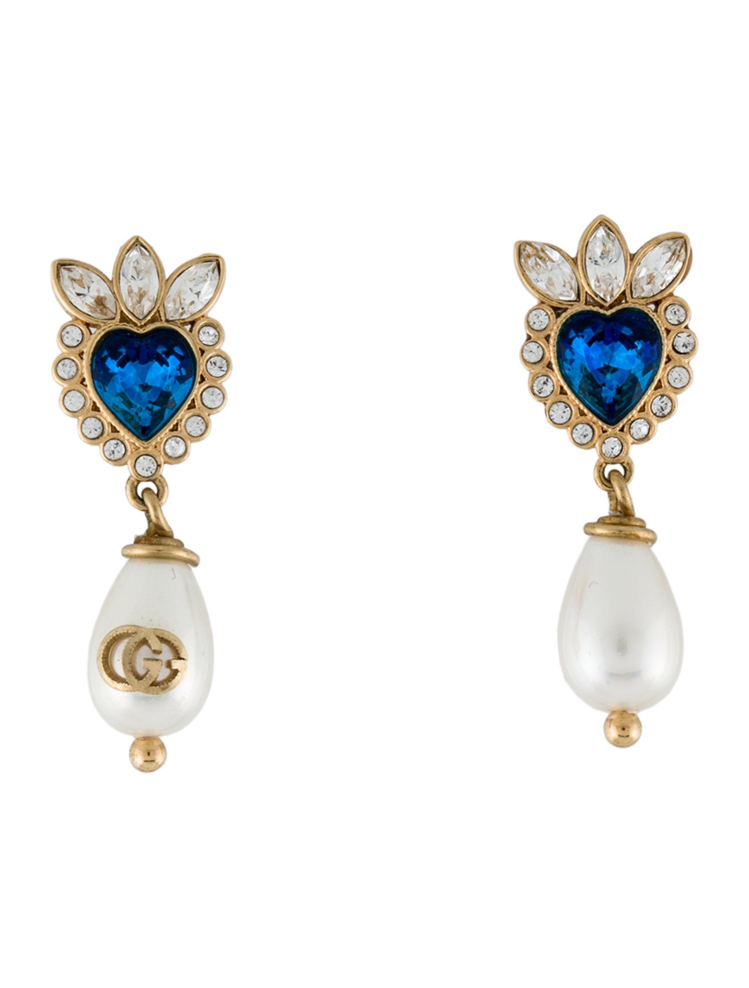 Gucci Faux Pearl & Crystal Heart Drop Earrings