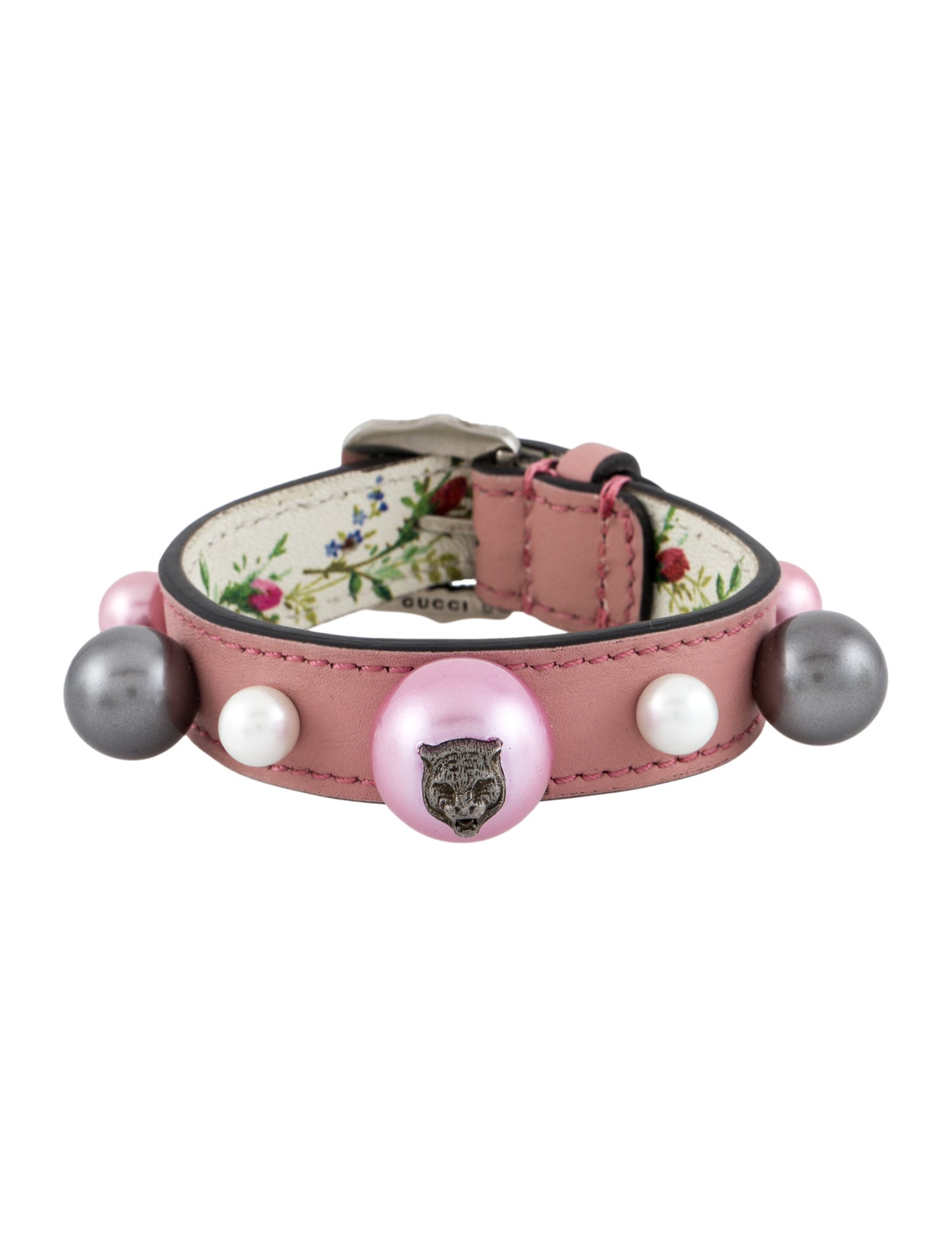 Gucci Faux Pearl & Leather Feline Wrap Bracelet