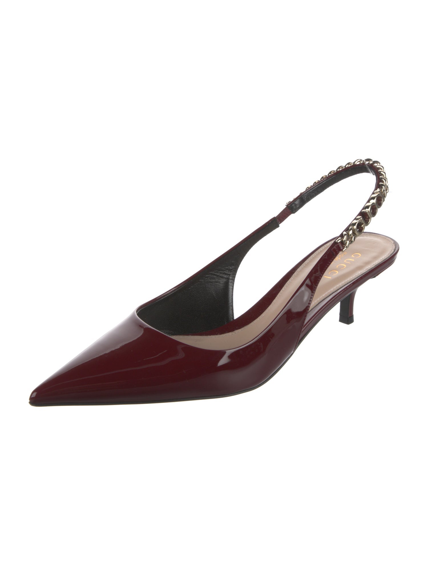 Gucci Patent Leather Chain-Link Accents Slingback Pumps