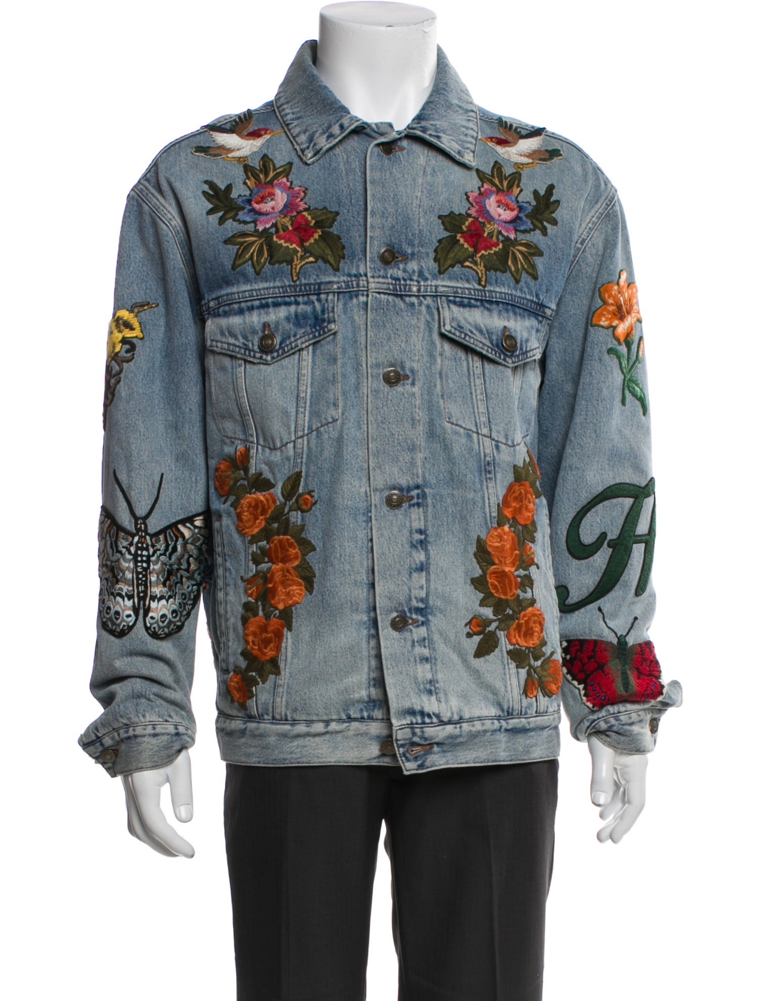 Gucci Bee Accent Graphic Print Denim Jacket