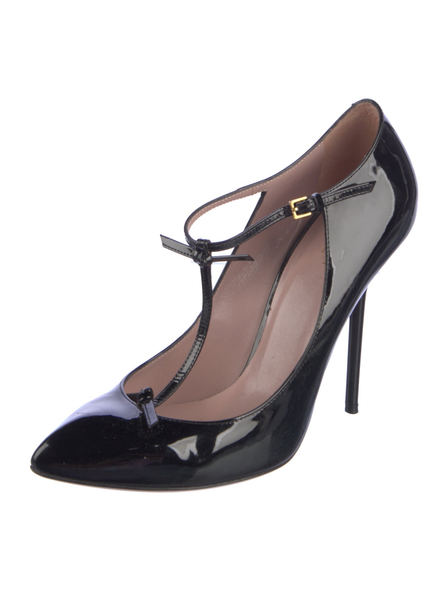 Gucci Patent Leather Bow Accents T-Strap Pumps