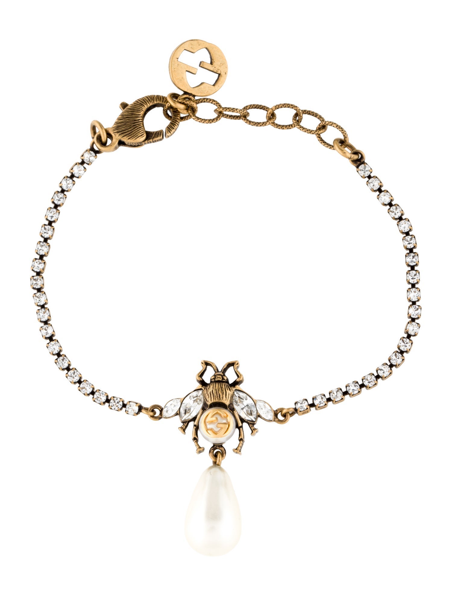 Gucci Faux Pearl & Crystal Bee Link Bracelet