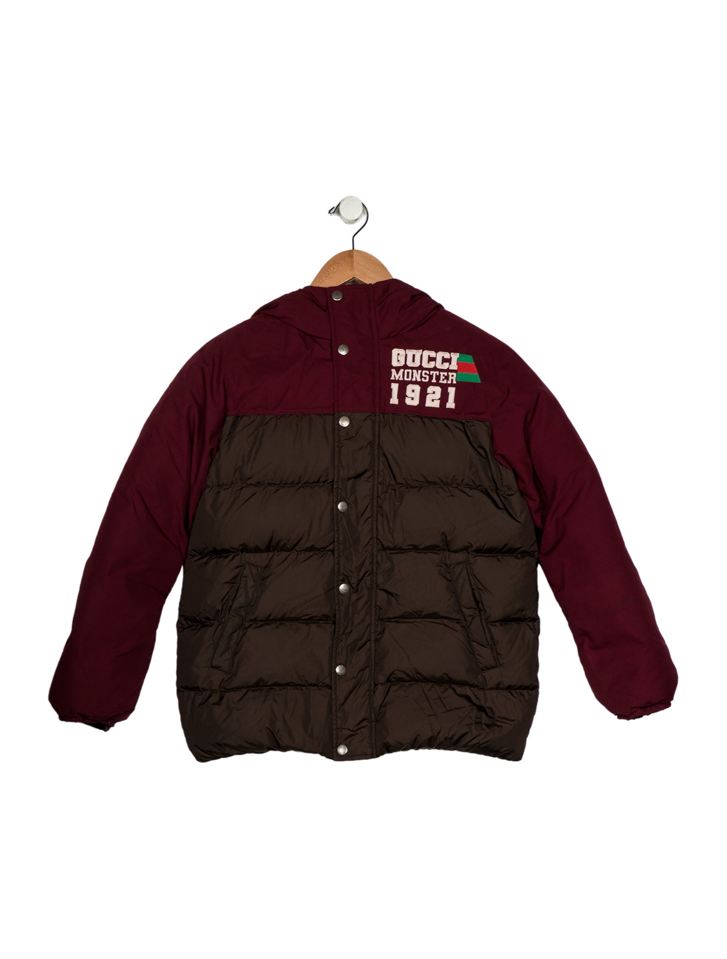 Gucci Burgundy and brown patterned casual puffer jacket with zip and snap closure