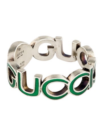 Pre-owned Gucci Enamel Interlocking G Band Ring In Green