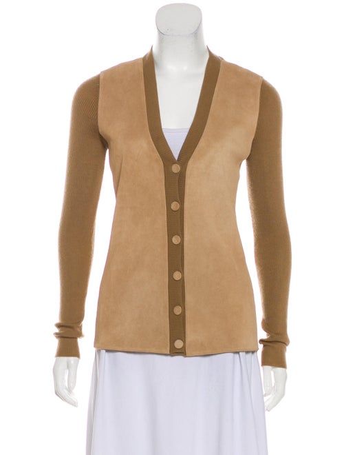 Gucci Leather-Accented Cashmere Cardigan Tan