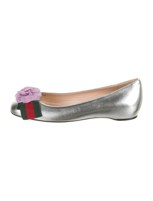 Gucci Gucci Web Accent Leather Ballet Flats Silver
