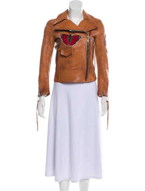 Gucci Embroidered Leather Jacket Tan