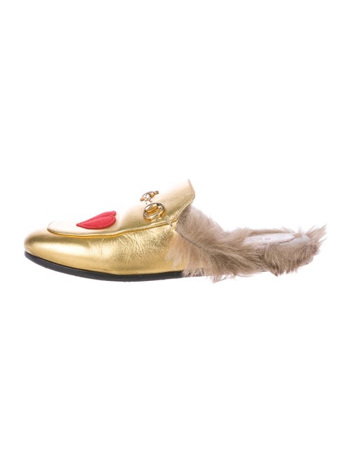 Gucci Leather Graphic Print Mules Gold