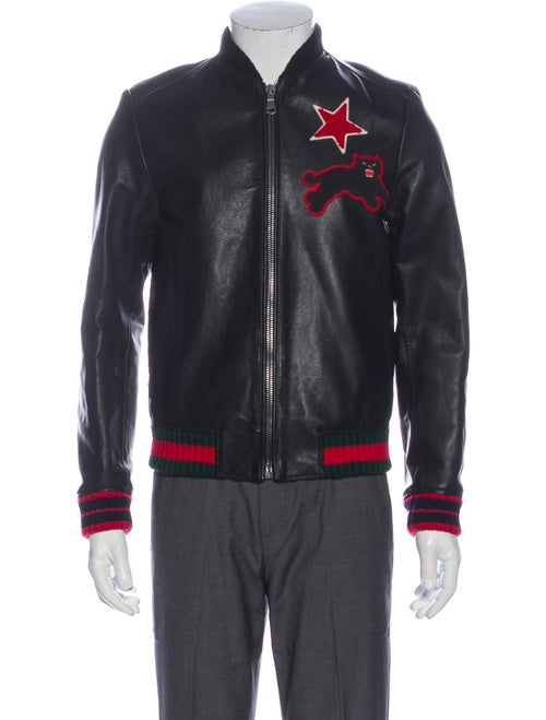 Gucci Patch Embroidered Leather Bomber Jacket Blac