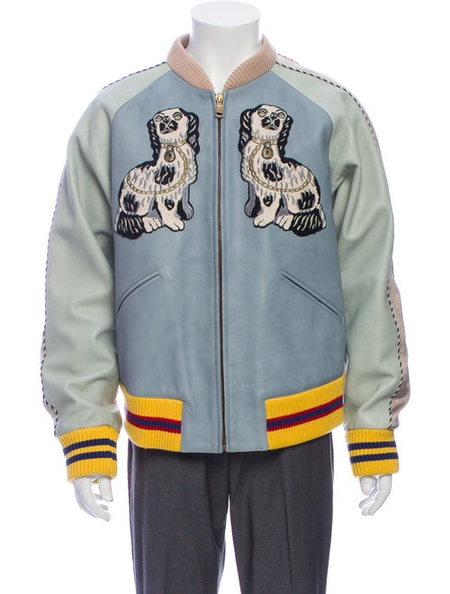 Gucci Calf Leather Printed Bomber Jacket Blue