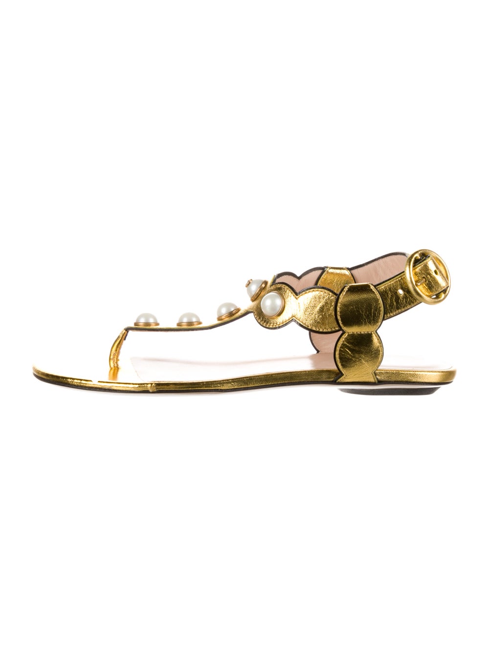 Gucci Nappa Faux Pearl Accents T-Strap Sandals - image 1