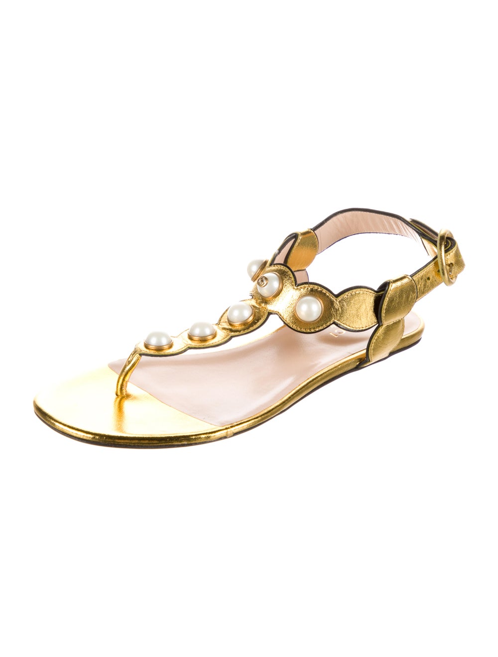 Gucci Nappa Faux Pearl Accents T-Strap Sandals - image 2