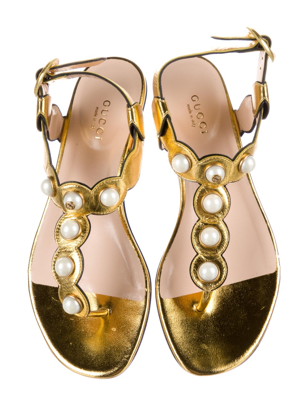 Gucci Nappa Faux Pearl Accents T-Strap Sandals - image 3
