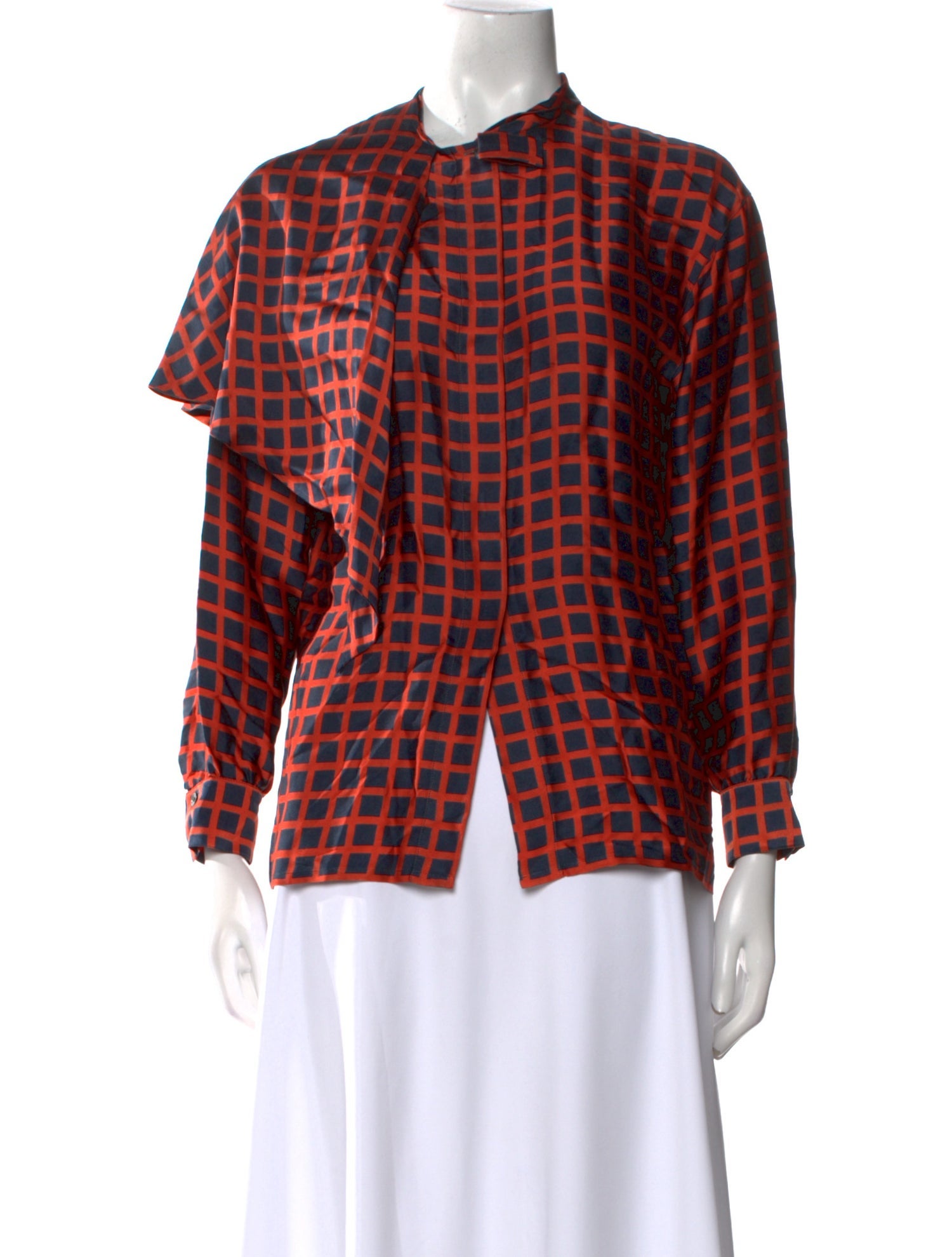 Guy Laroche Silk Plaid Print Button-Up Top