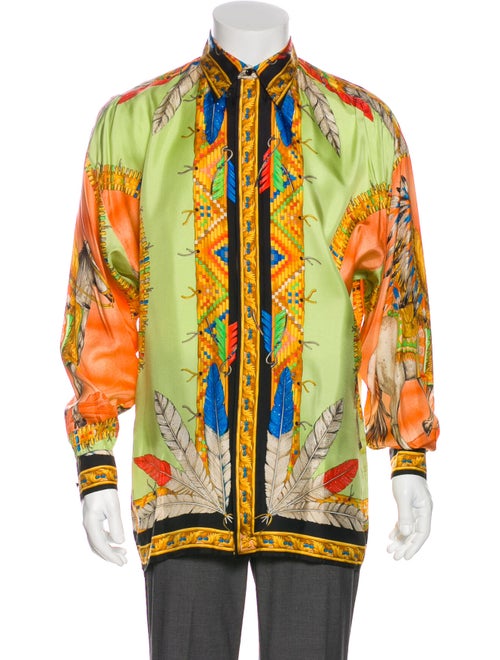 Gianni Versace Silk Graphic Print Shirt lime