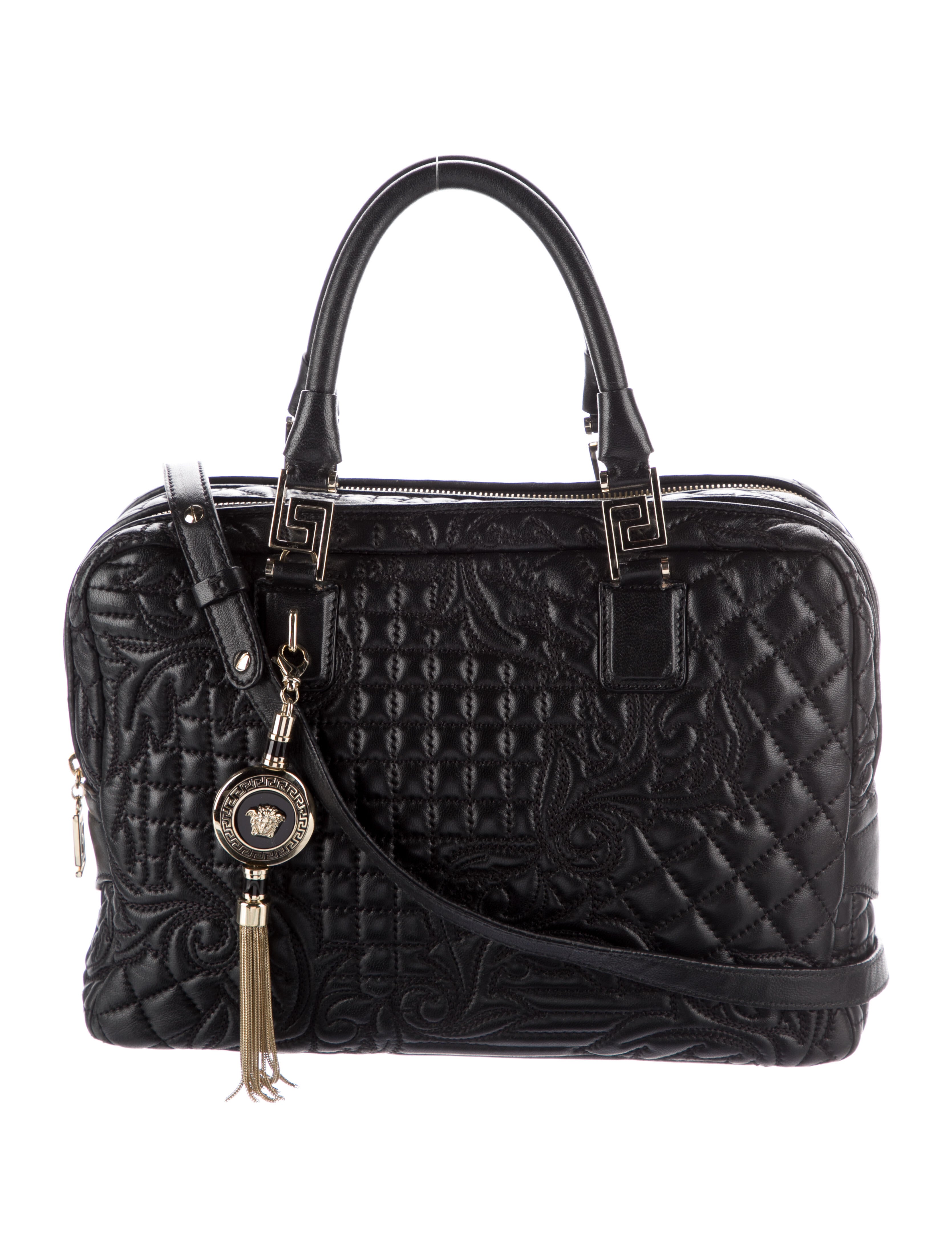 Gianni Versace Quilted Double Zipper Satchel Black Handle Bags