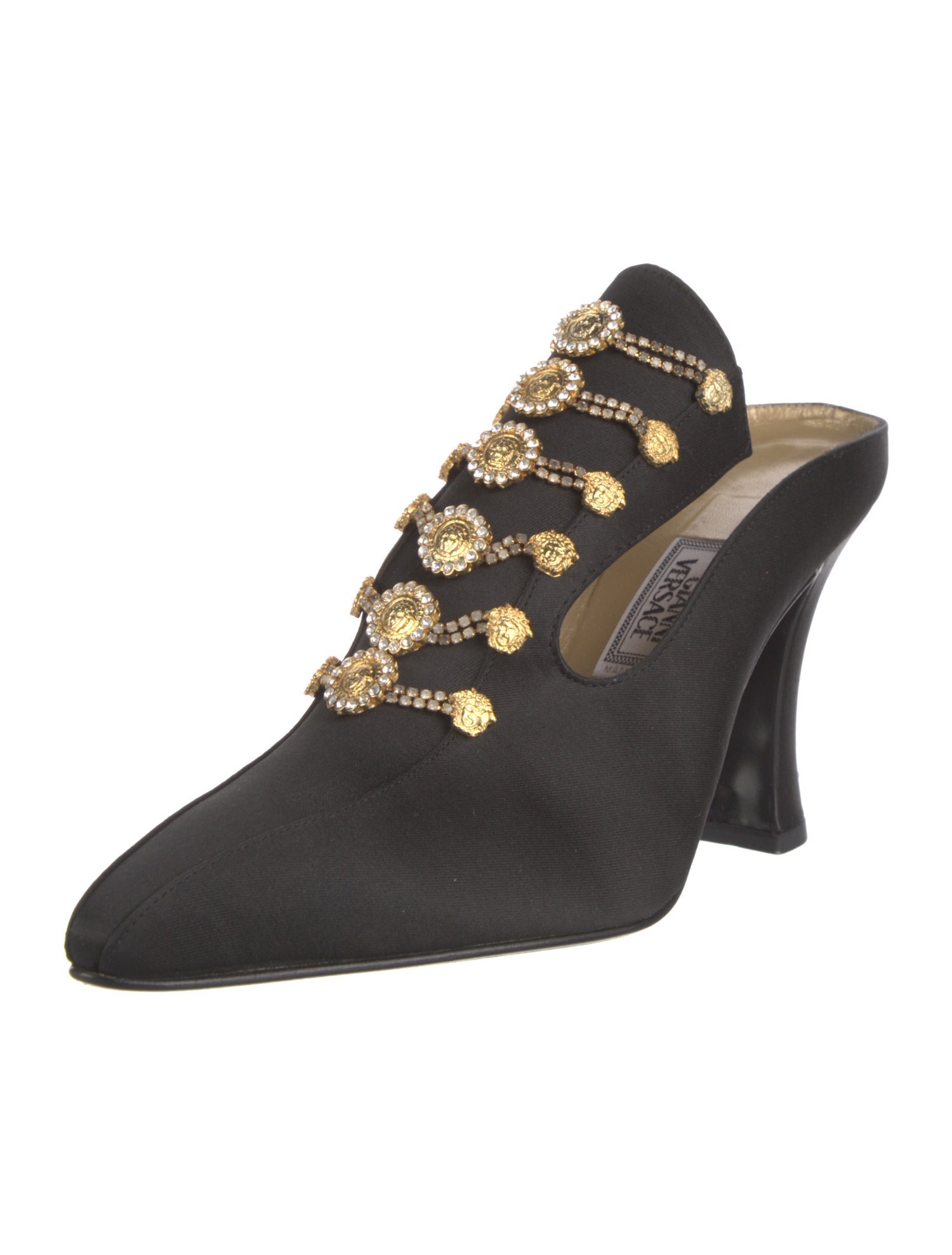 Gianni Versace Satin Crystal Embellishments Mules